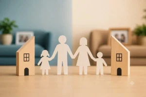 Padres separados organizando con un abogado el régimen de custodia compartida de sus hijos.