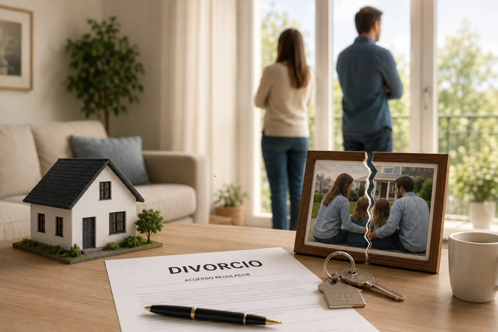 Abogado asesorando a una pareja sobre el uso de la vivienda familiar tras el divorcio.