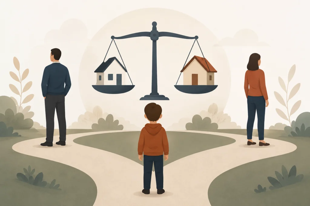 Abogado asesorando a unos padres sobre la custodia compartida de sus hijos.