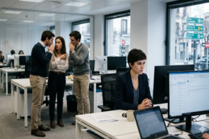 Abogado asesorando a un trabajador que podría estar sufriendo acoso laboral.