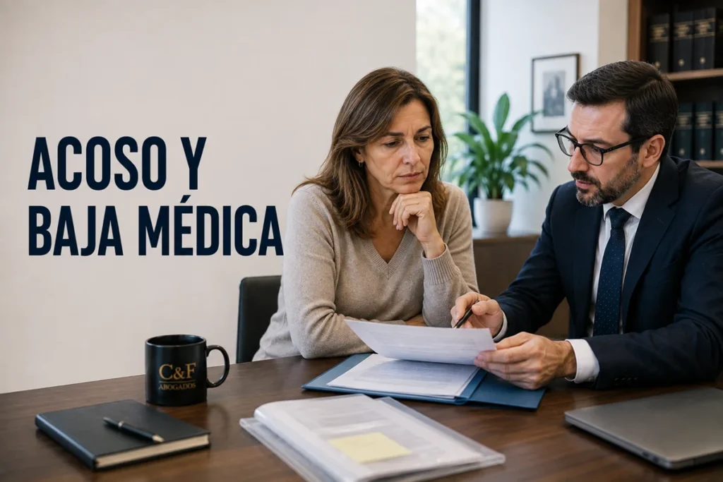Trabajadora consulta con un abogado sobre sus derechos durante una baja médica por una situación laboral