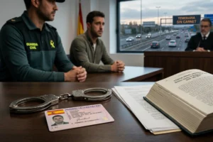 Abogado asesorando a un conductor sobre las consecuencias penales de conducir de forma temeraria o sin permiso.