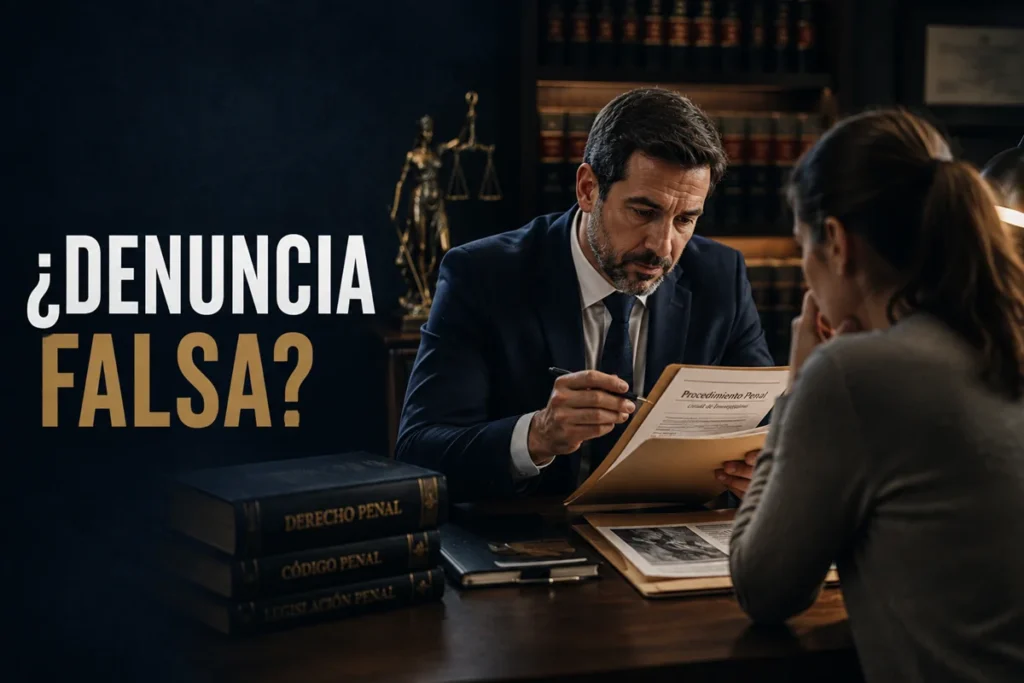 Persona consulta con un abogado sobre una posible denuncia falsa