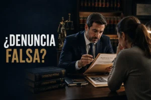 Persona consulta con un abogado sobre una posible denuncia falsa