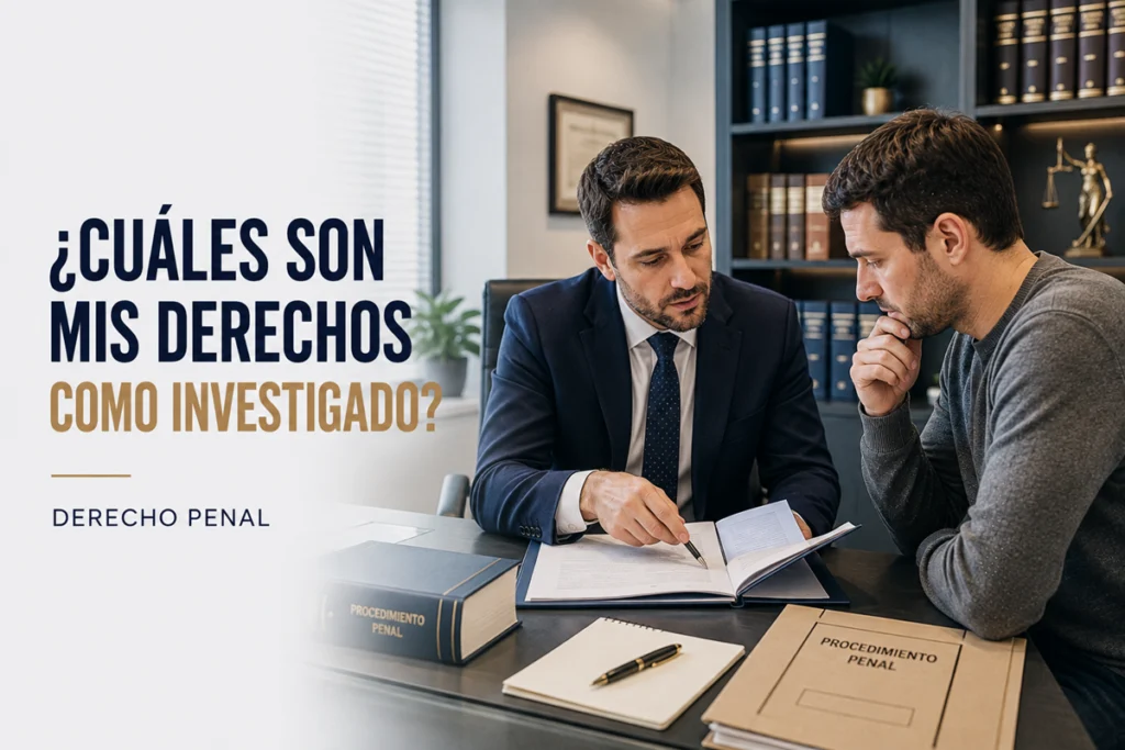 Abogado asesorando a una persona investigada sobre sus derechos en un procedimiento penal