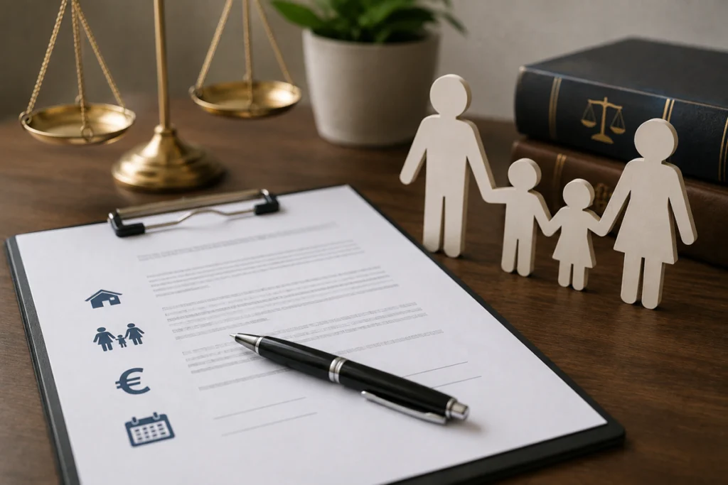 Abogado revisando con una pareja un convenio regulador de divorcio.