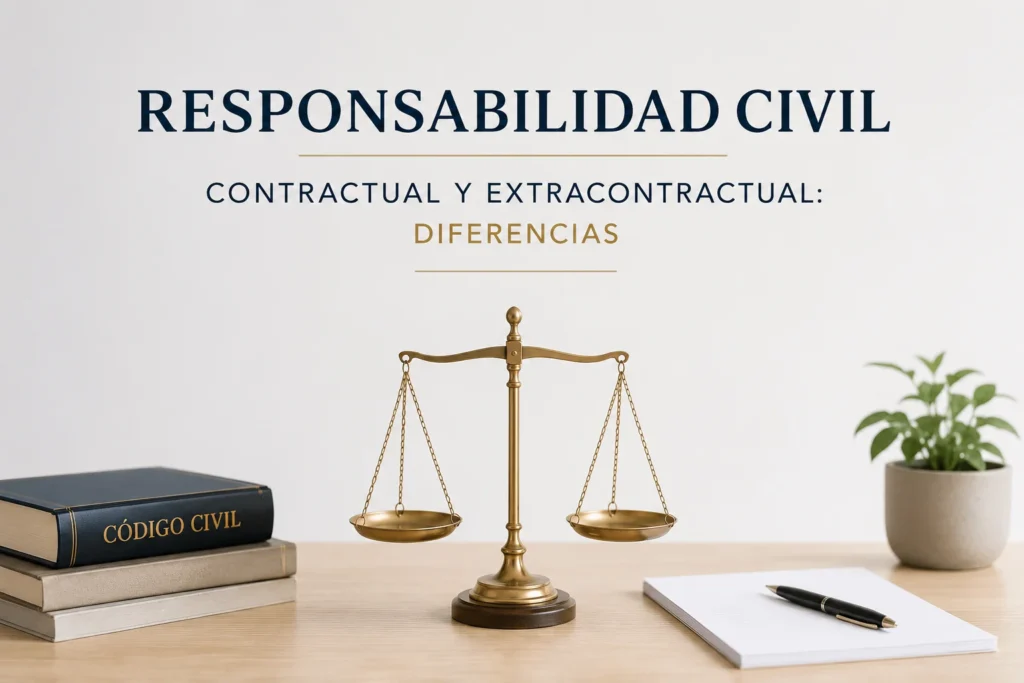 Abogado asesorando a un cliente sobre responsabilidad civil contractual y extracontractual.