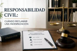 Abogado asesorando a un cliente sobre una posible reclamación de indemnización por responsabilidad civil.