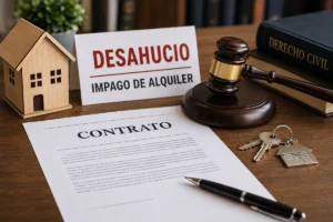 Abogado asesorando a un propietario sobre un procedimiento de desahucio por impago del alquiler.