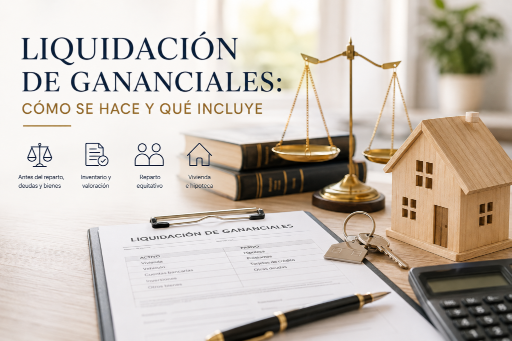 Abogado asesorando a una pareja sobre la liquidación de la sociedad de gananciales.