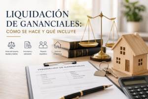 Abogado asesorando a una pareja sobre la liquidación de la sociedad de gananciales.