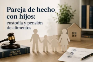 Abogado asesorando a una pareja de hecho con hijos sobre custodia y pensión de alimentos.