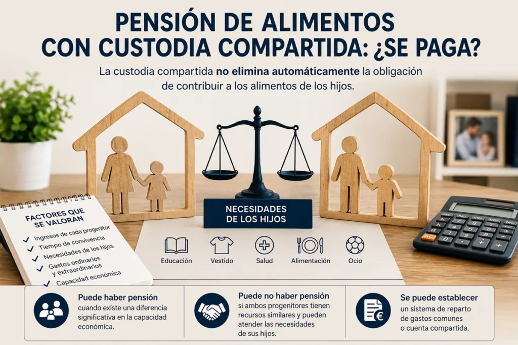 Abogado asesorando a unos progenitores sobre la pensión de alimentos en un régimen de custodia compartida.