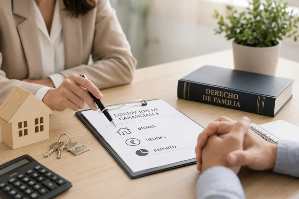 Abogado asesorando a una pareja sobre las deudas y obligaciones económicas de la sociedad de gananciales.