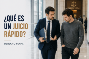 Abogado acompañando a una persona investigada ante un juzgado para un juicio rápido