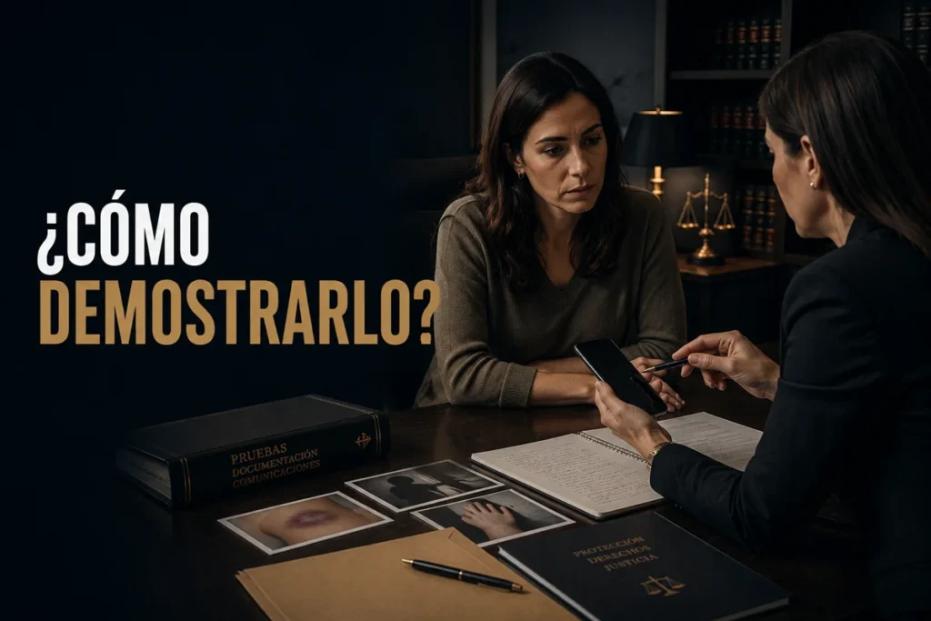 Mujer consulta con un abogado sobre las pruebas de una situación de violencia de género