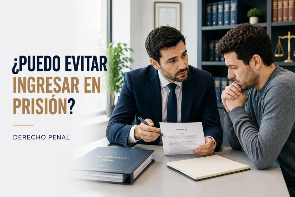 Abogado asesorando a una persona condenada sobre la posible suspensión de una pena de prisión