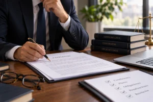 Abogado revisando un contrato antes de firmarlo para analizar cláusulas y obligaciones